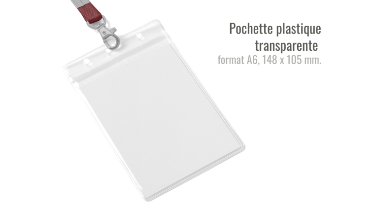 Pochette plastique transparente A6 avec lanière blanche ou noire